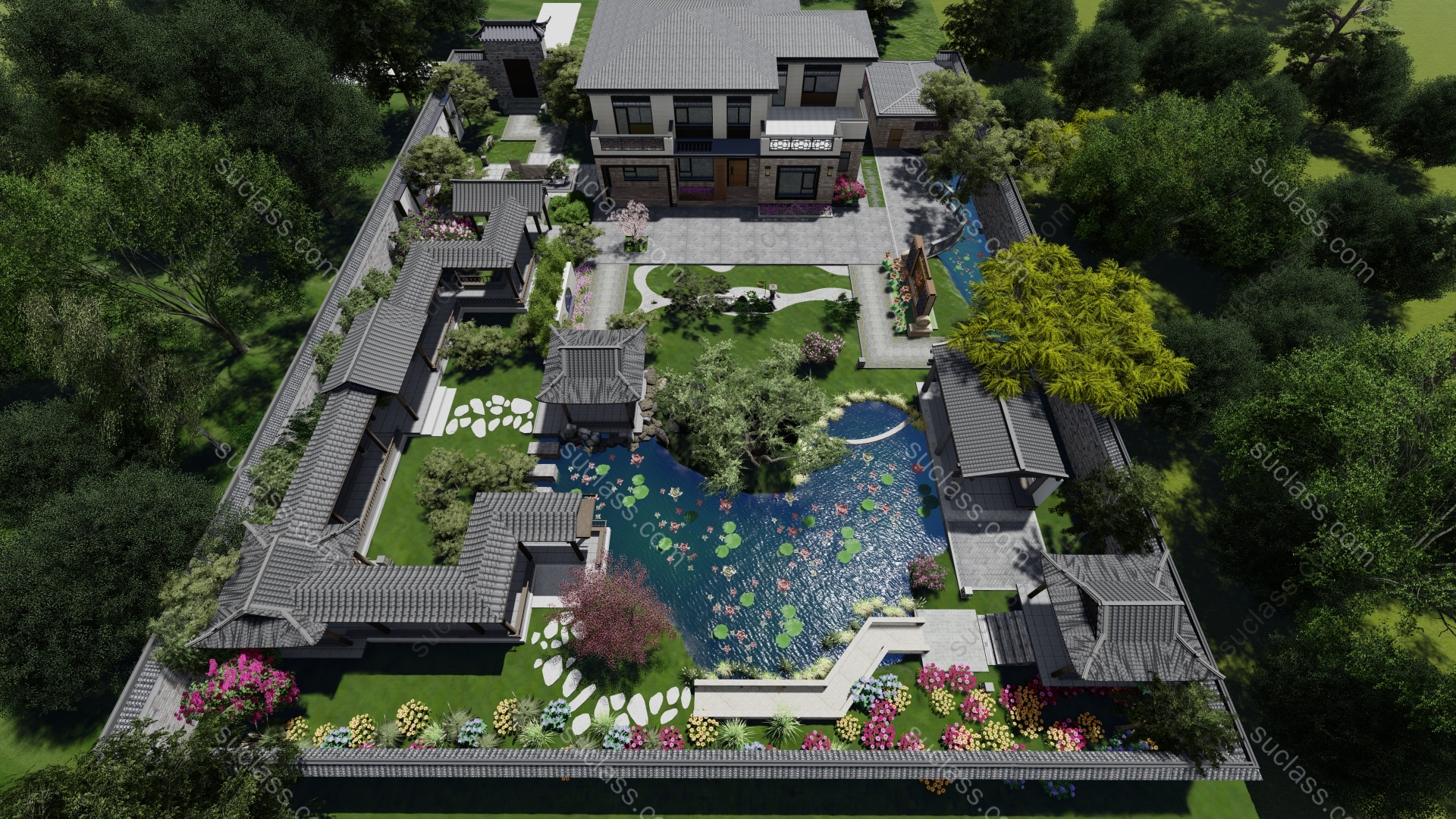 中式别墅庭院园林花园景观 ID:238659 八宝模型库 - PB3智能构件下载